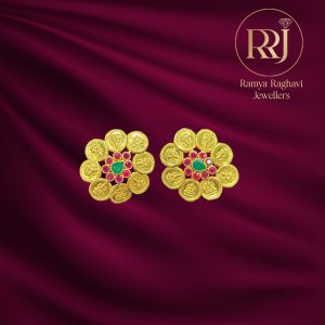 Gold Earrings with Lakshmi Motif and Gemstones