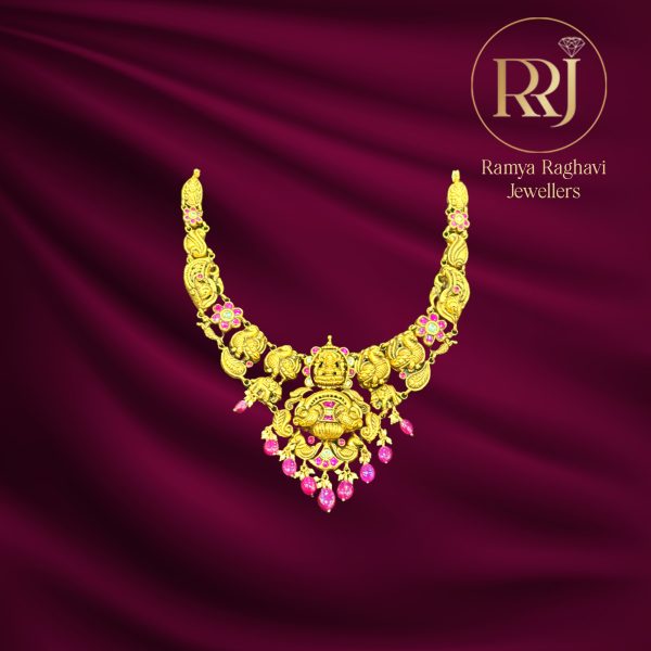 Gold Temple Necklace with Ruby Drops