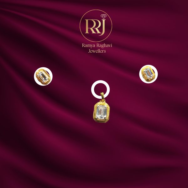 Gold Emerald Cut Stone Pendant with Stud Earring Set